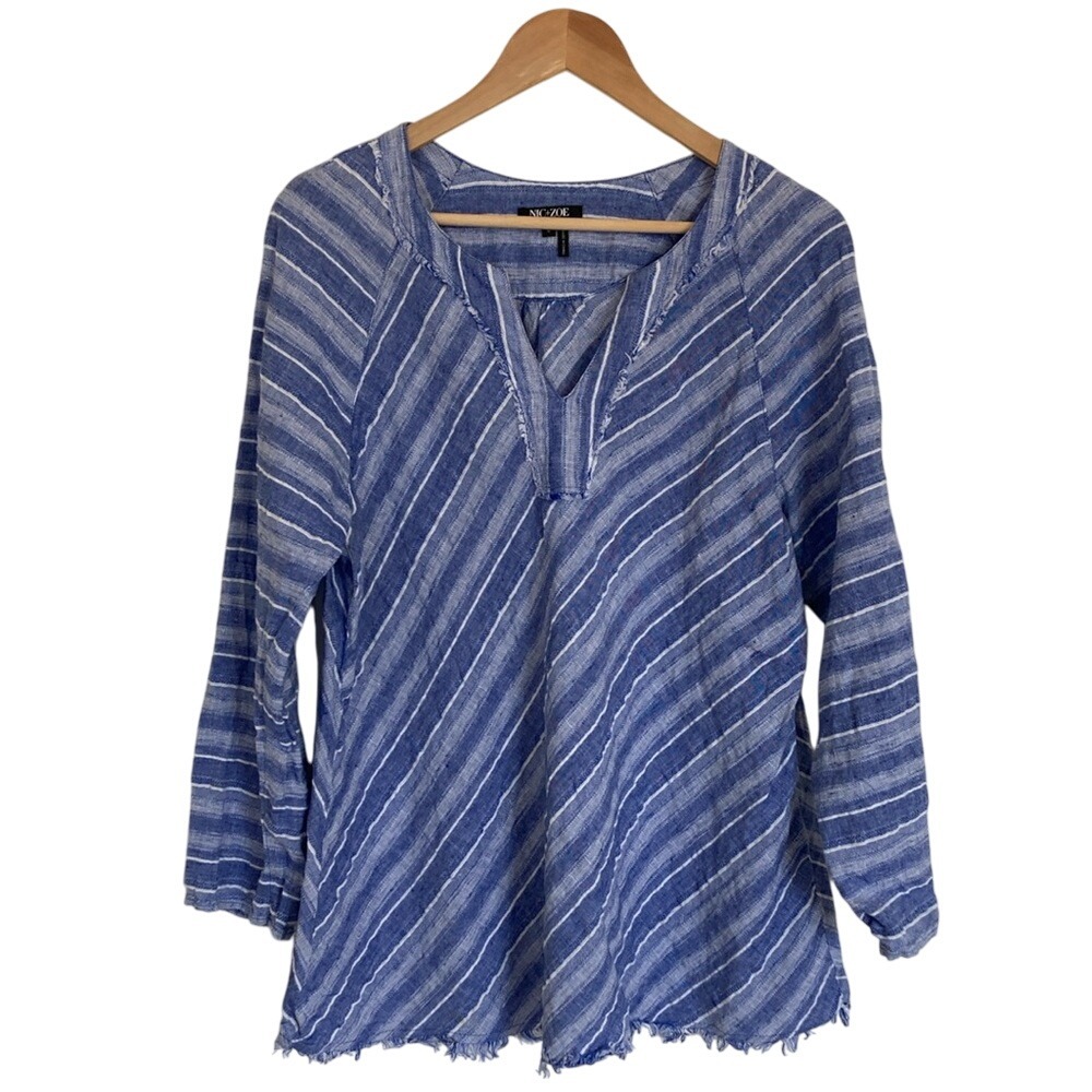 Nic+Zoe Women's Striped Linen Tunic Top Size Large‎ Freshwater V Neck Raw Edge